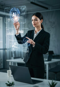 Professional woman interacting with a virtual analytics dashboard, representing AI in digital marketing, data analysis, automation, and business strategy in a modern office.